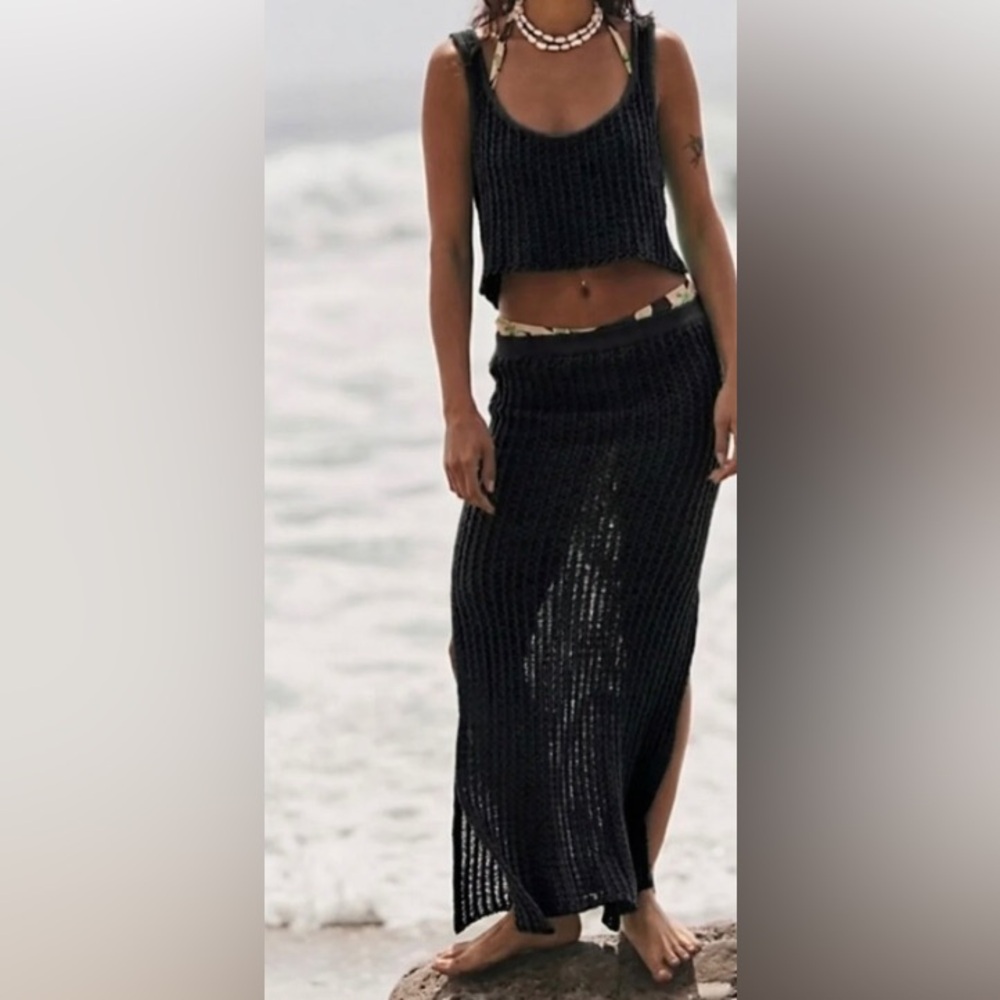 Free People Beach Havana Sweater Set top and skirt Size Large NWOT Black
